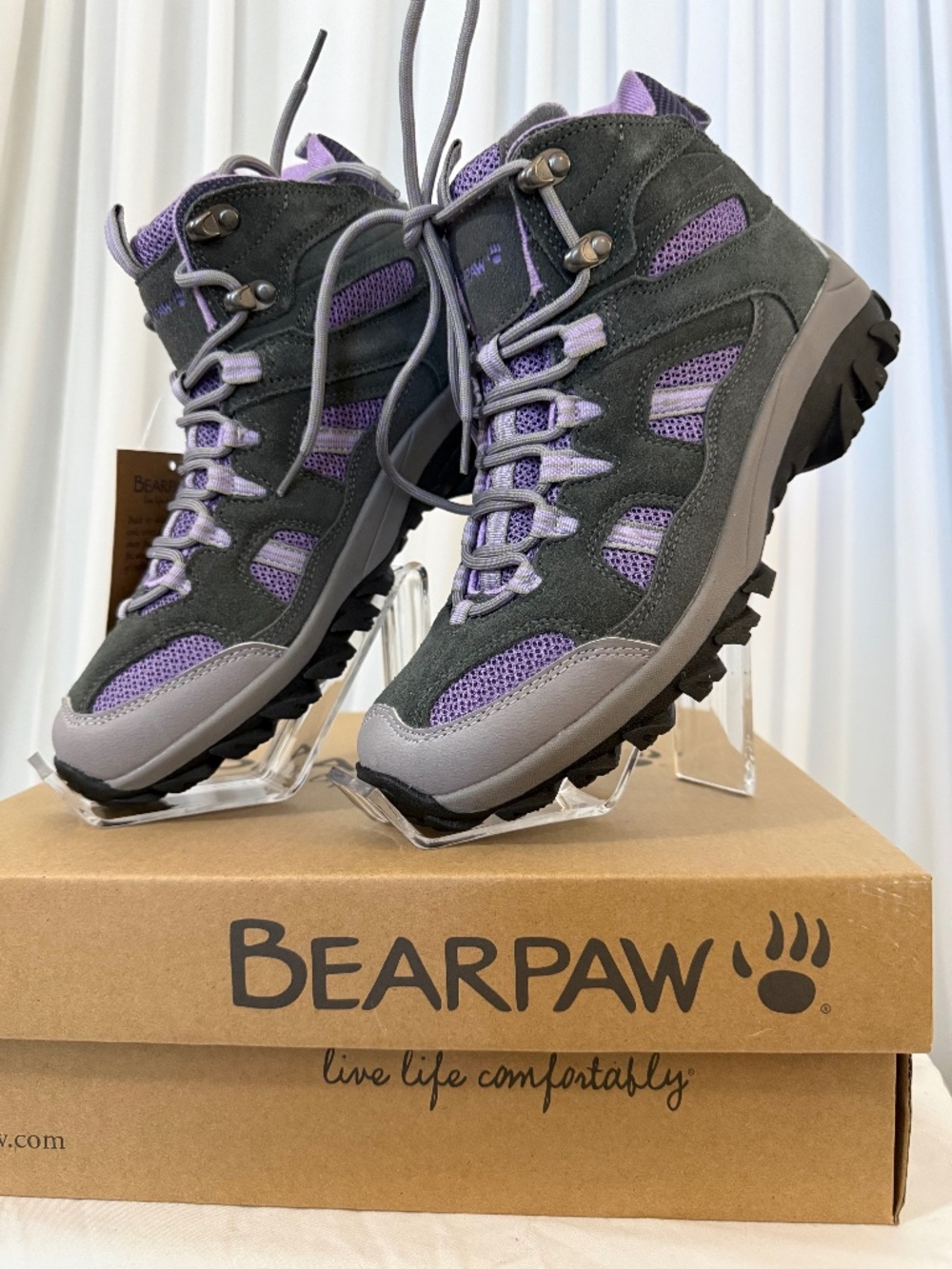 BEARPAW Ridgewood Mid Hiking Boots Charcoal Purple NeverWet NIB NWT Size 8M